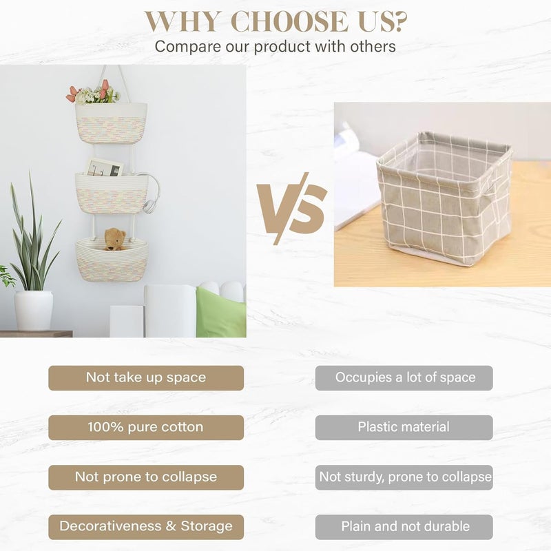 TeoKJ 3-Tier Woven Cotton Wall-Mounted Hanging Storage Baskets, Over the Door Organizer Bin for Kids Room, Bathroom, Bedroom, Kitchen, White & Rainbow Stitching - Image 4